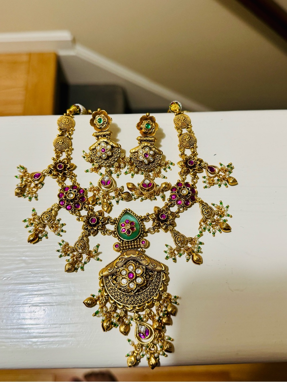 Rajwari gold Tone Green and Pink Traditional Statement Necklace Set